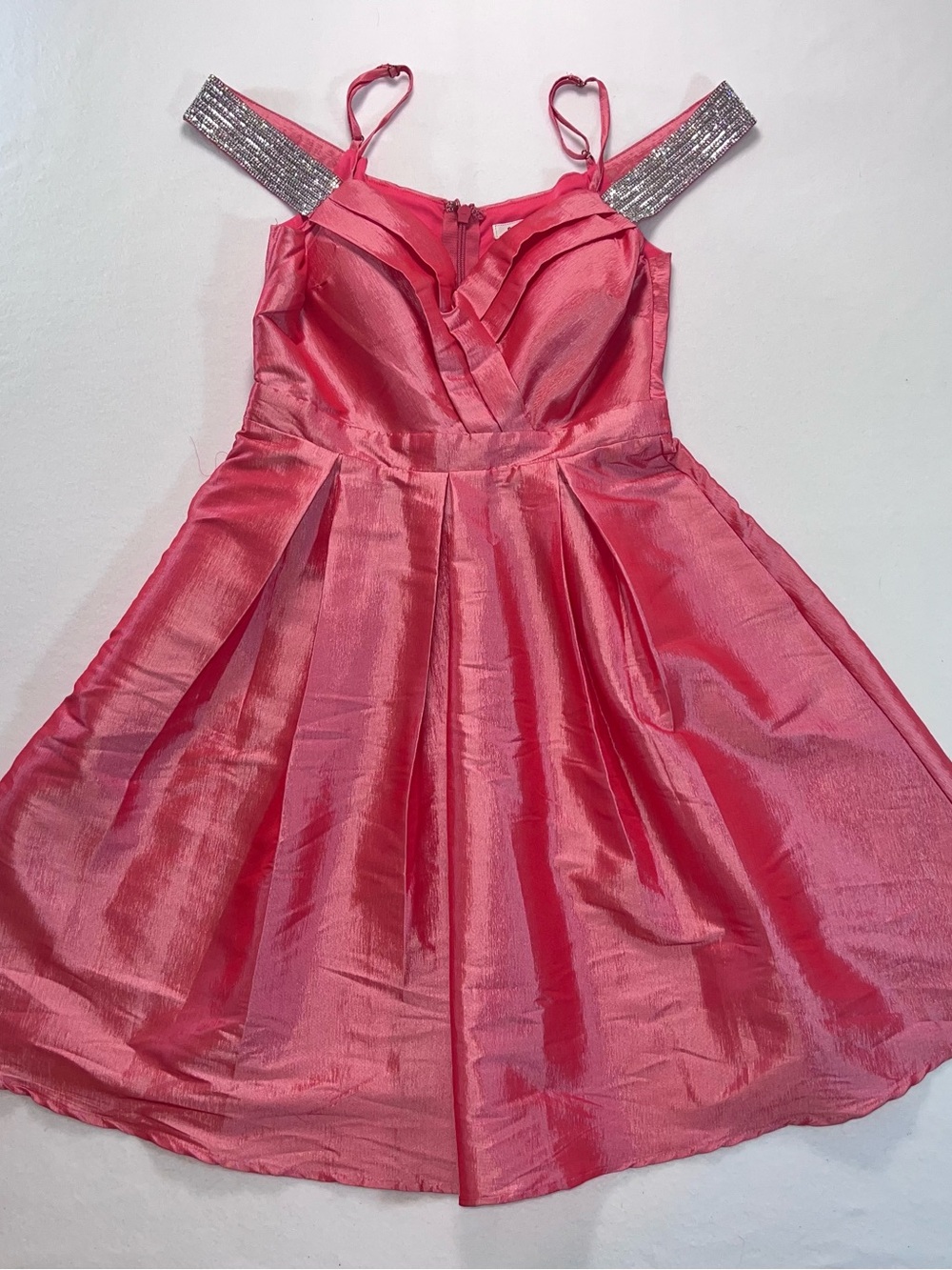 Soieblu Coral Pink Satin Party Dress with Sparkle Straps